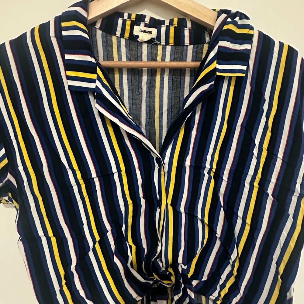 Garage Multicolor Striped Button Down Shirt Tie waist‎ cropped